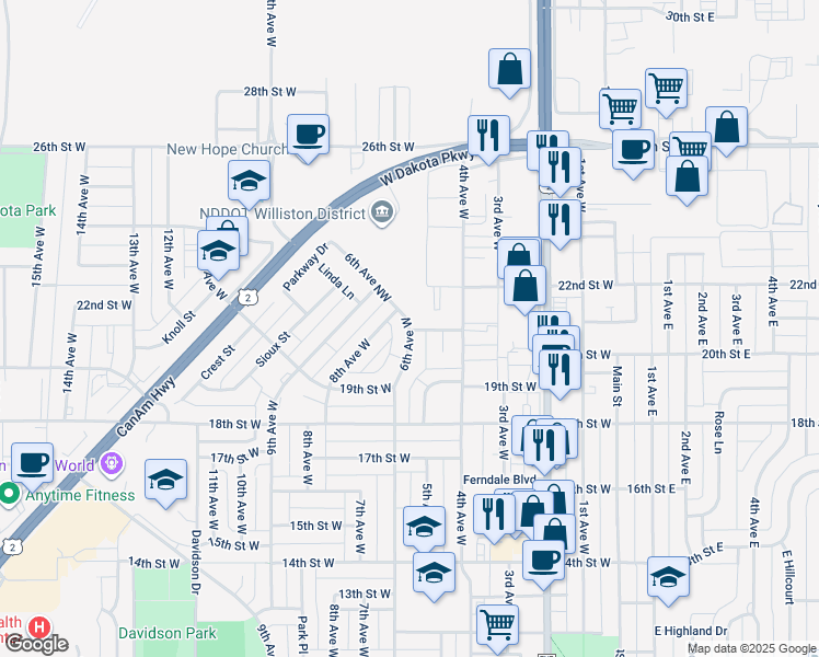 map of restaurants, bars, coffee shops, grocery stores, and more near 2100 6th Avenue West in Williston