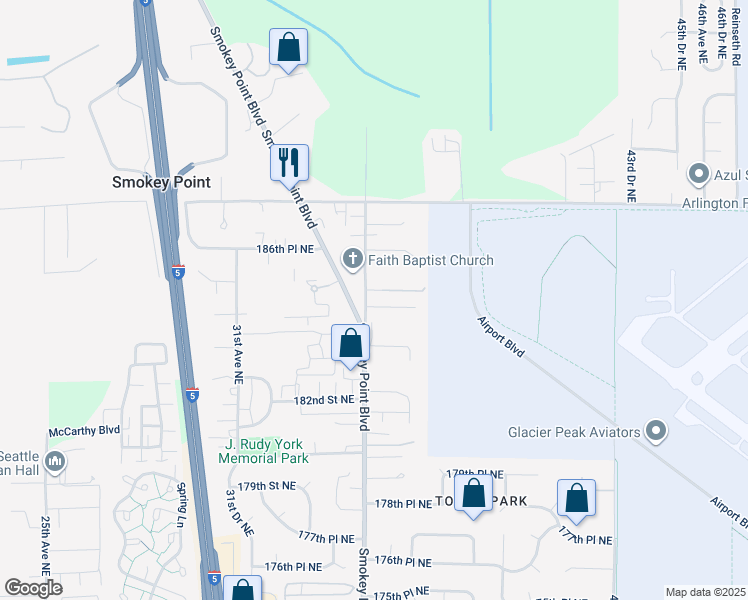 map of restaurants, bars, coffee shops, grocery stores, and more near 18405 35th Avenue Northeast in Arlington