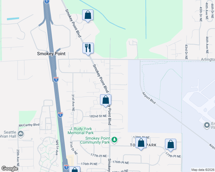 map of restaurants, bars, coffee shops, grocery stores, and more near 18611 Smokey Point Boulevard in Arlington
