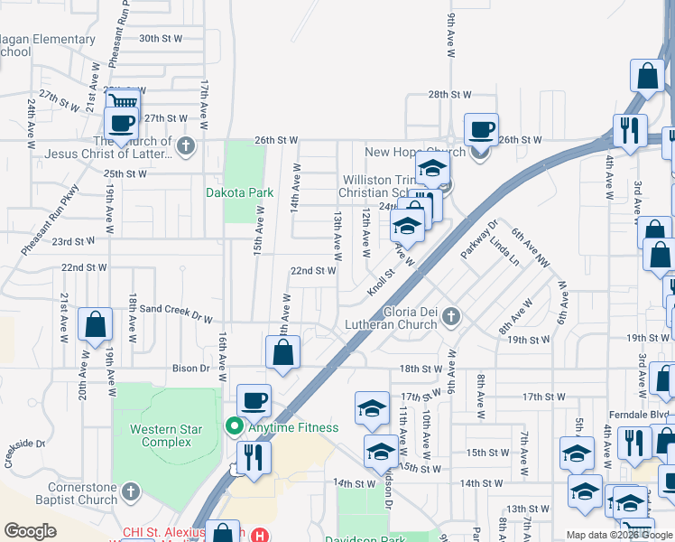 map of restaurants, bars, coffee shops, grocery stores, and more near 22nd Street West in Williston