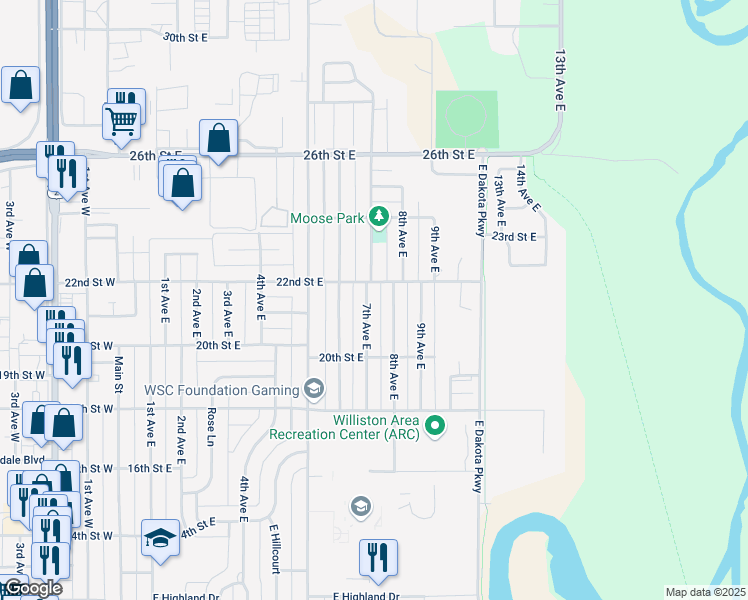 map of restaurants, bars, coffee shops, grocery stores, and more near 2001-2199 7th Avenue East in Williston