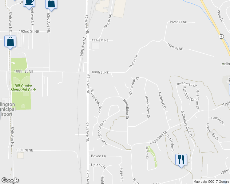 map of restaurants, bars, coffee shops, grocery stores, and more near 18604 Silverleaf Place in Arlington