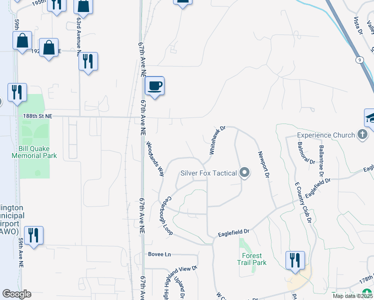 map of restaurants, bars, coffee shops, grocery stores, and more near 18604 Silverleaf Place in Arlington