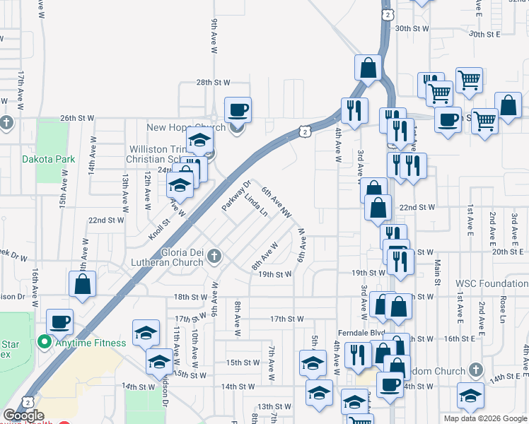 map of restaurants, bars, coffee shops, grocery stores, and more near 954 Linda Lane in Williston