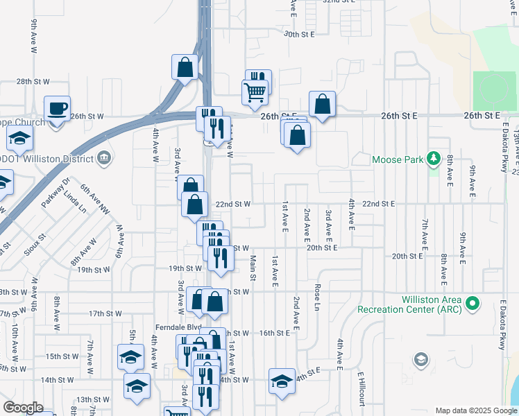 map of restaurants, bars, coffee shops, grocery stores, and more near 1-33 22nd Street East in Williston