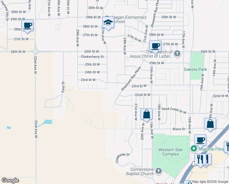 map of restaurants, bars, coffee shops, grocery stores, and more near 22nd Street West in Williston