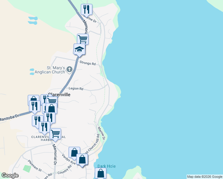 map of restaurants, bars, coffee shops, grocery stores, and more near 113 Marine Drive in Clarenville