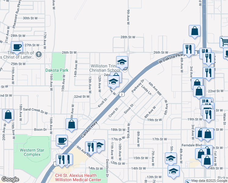 map of restaurants, bars, coffee shops, grocery stores, and more near 2304 11th Avenue West in Williston