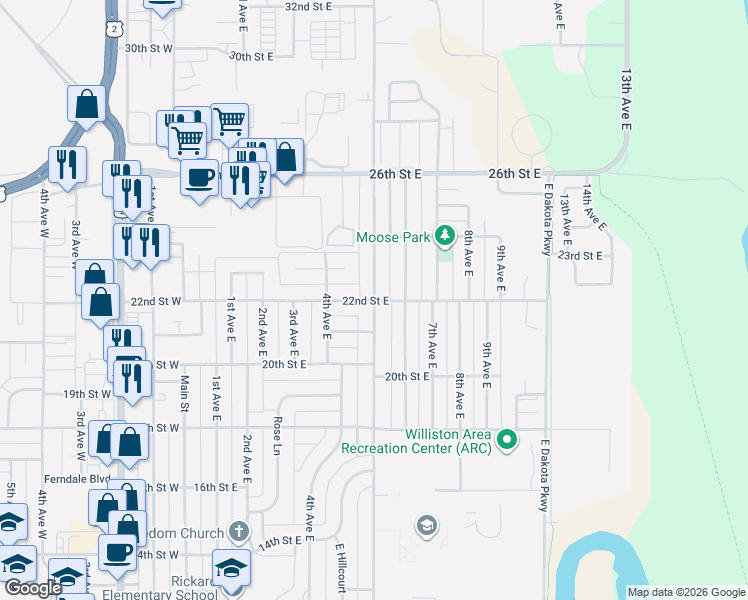 map of restaurants, bars, coffee shops, grocery stores, and more near 2201 University Avenue in Williston