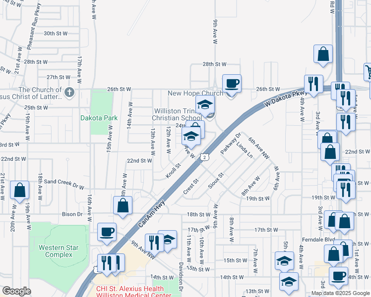 map of restaurants, bars, coffee shops, grocery stores, and more near 2301 11th Avenue West in Williston