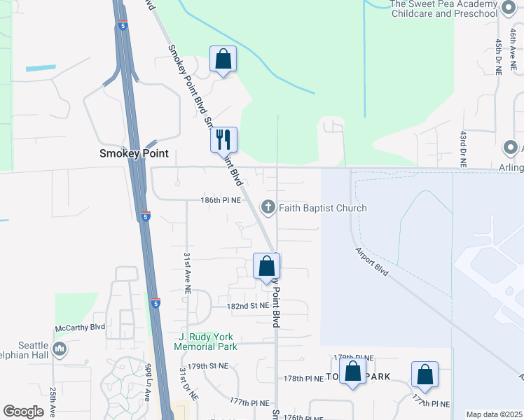 map of restaurants, bars, coffee shops, grocery stores, and more near 18611 Smokey Point Boulevard in Arlington