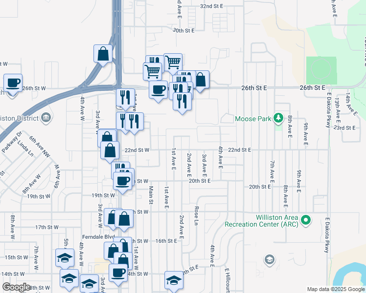 map of restaurants, bars, coffee shops, grocery stores, and more near 133 22nd Street East in Williston
