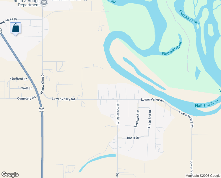 map of restaurants, bars, coffee shops, grocery stores, and more near 185 Lower Valley Rd in Kalispell