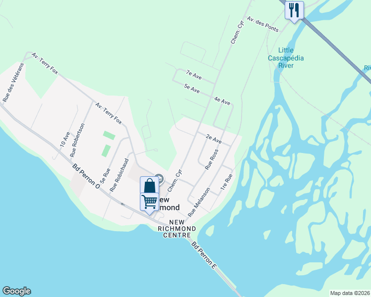 map of restaurants, bars, coffee shops, grocery stores, and more near 151 Chemin Cyr in New Richmond