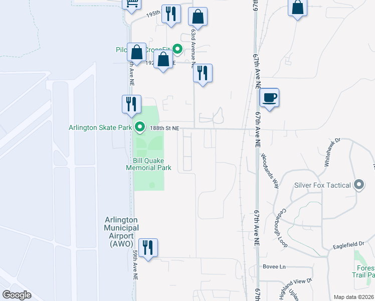 map of restaurants, bars, coffee shops, grocery stores, and more near 6206 188th Place Northeast in Arlington
