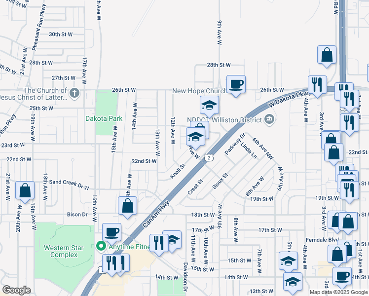 map of restaurants, bars, coffee shops, grocery stores, and more near 2301 11th Avenue West in Williston