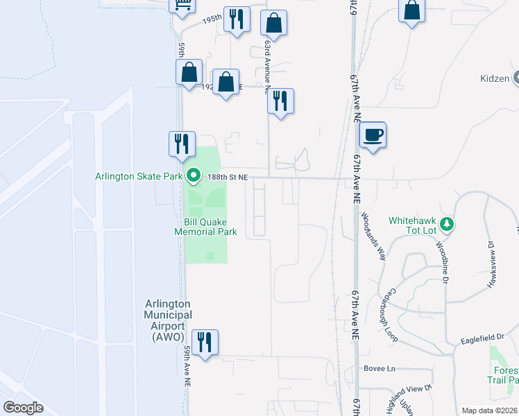 map of restaurants, bars, coffee shops, grocery stores, and more near 6206 188th Street Northeast in Arlington