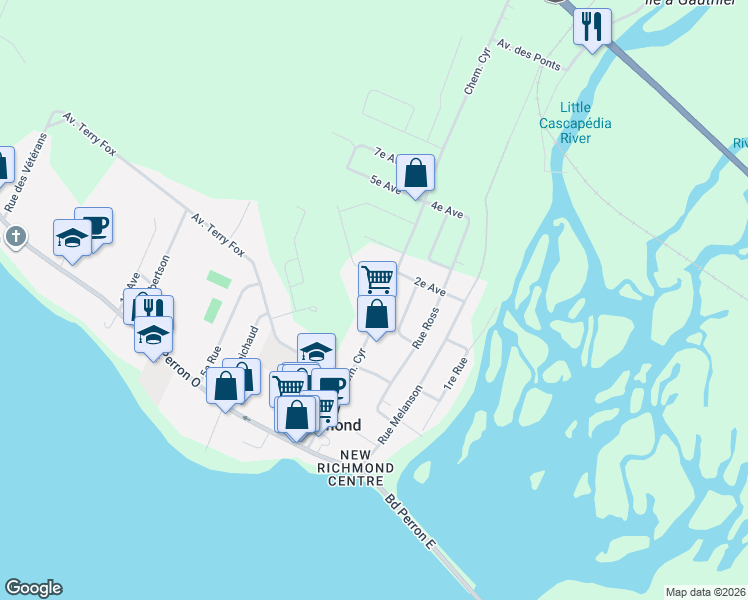 map of restaurants, bars, coffee shops, grocery stores, and more near 151 Chemin Cyr in New Richmond