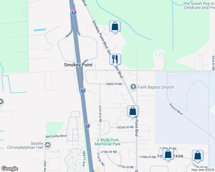 map of restaurants, bars, coffee shops, grocery stores, and more near 3122 186th Place Northeast in Arlington