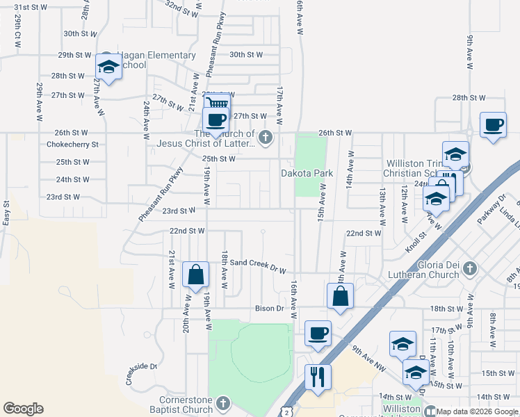 map of restaurants, bars, coffee shops, grocery stores, and more near 2301 17th Circle West in Williston