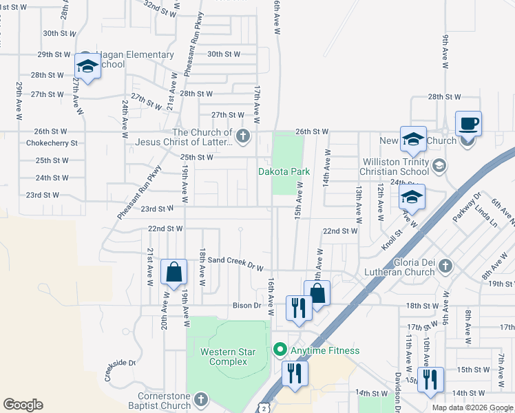 map of restaurants, bars, coffee shops, grocery stores, and more near 2301 17th Avenue West in Williston