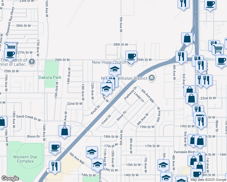map of restaurants, bars, coffee shops, grocery stores, and more near 1001 24th Street West in Williston