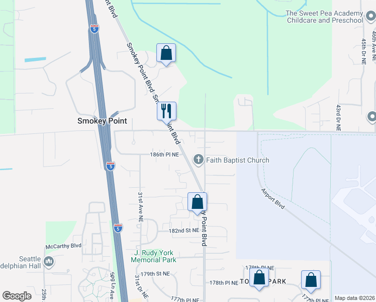 map of restaurants, bars, coffee shops, grocery stores, and more near 18621 Smokey Point Boulevard in Arlington