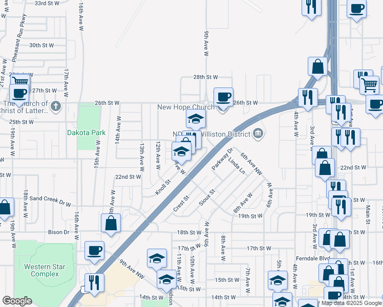 map of restaurants, bars, coffee shops, grocery stores, and more near 1001 24th Street West in Williston