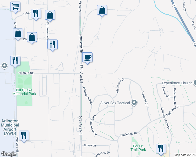 map of restaurants, bars, coffee shops, grocery stores, and more near 6906 188th Street Northeast in Arlington