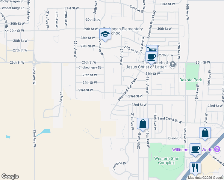 map of restaurants, bars, coffee shops, grocery stores, and more near 2303 24th Street West in Williston