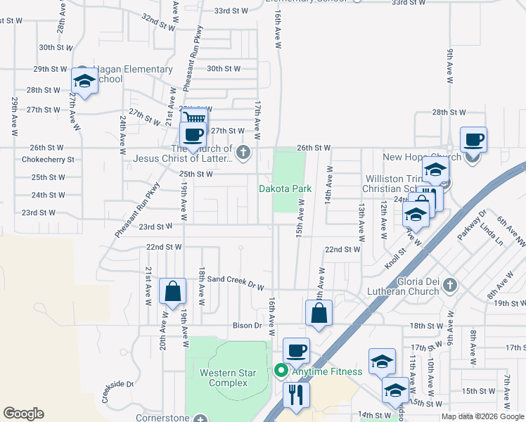 map of restaurants, bars, coffee shops, grocery stores, and more near 2301-2499 17th Avenue West in Williston