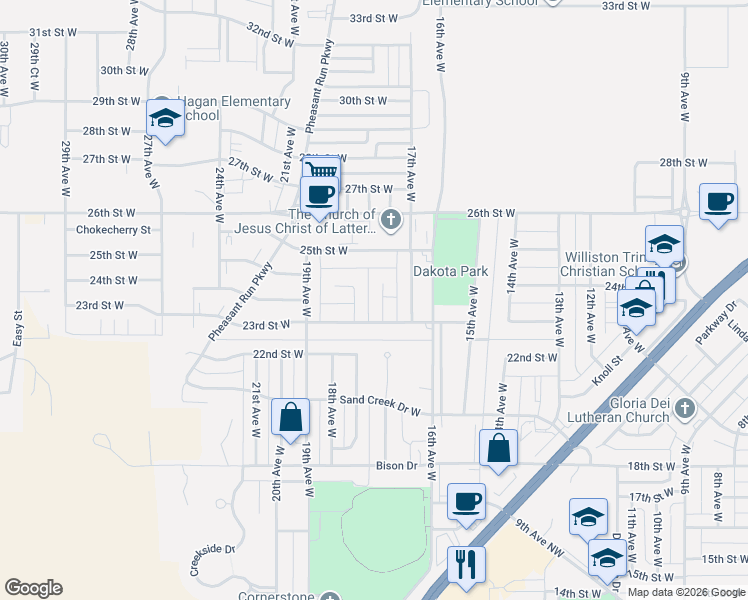 map of restaurants, bars, coffee shops, grocery stores, and more near 2301-2399 17th Circle West in Williston