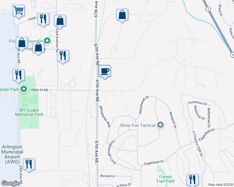 map of restaurants, bars, coffee shops, grocery stores, and more near 6906 188th Street Northeast in Arlington