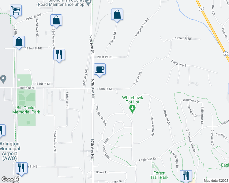 map of restaurants, bars, coffee shops, grocery stores, and more near 6906 188th Street Northeast in Arlington