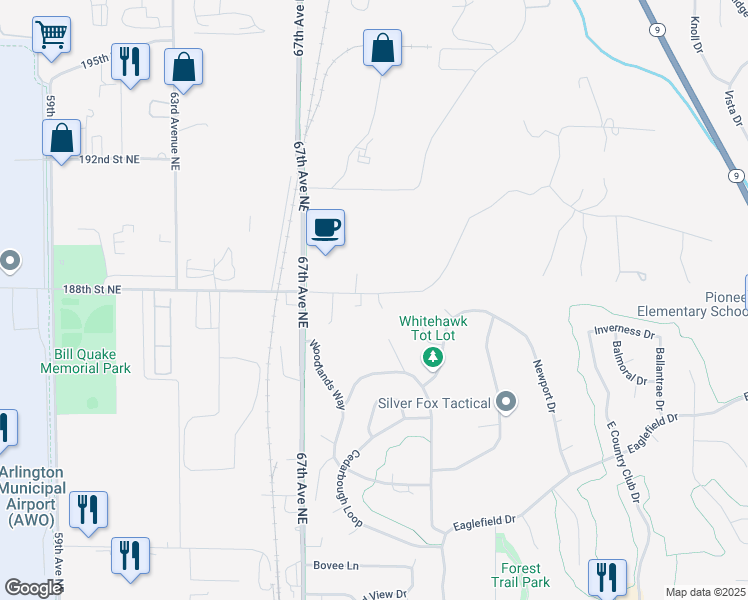 map of restaurants, bars, coffee shops, grocery stores, and more near 6906 188th Street Northeast in Arlington