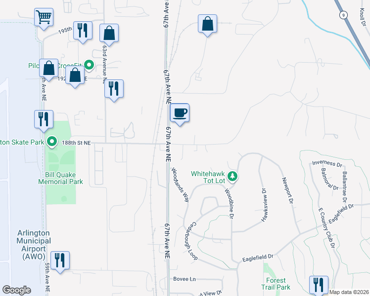 map of restaurants, bars, coffee shops, grocery stores, and more near 6803 188th Street Northeast in Arlington