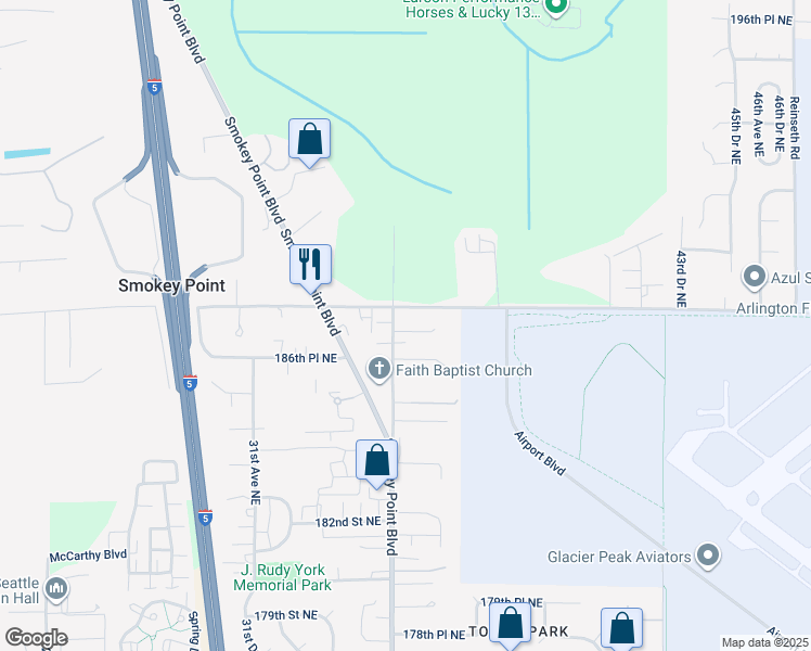 map of restaurants, bars, coffee shops, grocery stores, and more near 3511 187th Place Northeast in Arlington