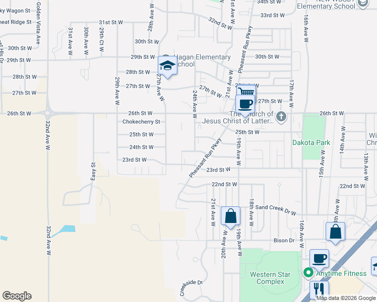 map of restaurants, bars, coffee shops, grocery stores, and more near 2405 24th Street West in Williston