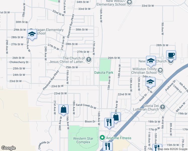 map of restaurants, bars, coffee shops, grocery stores, and more near 2301-2499 17th Avenue West in Williston