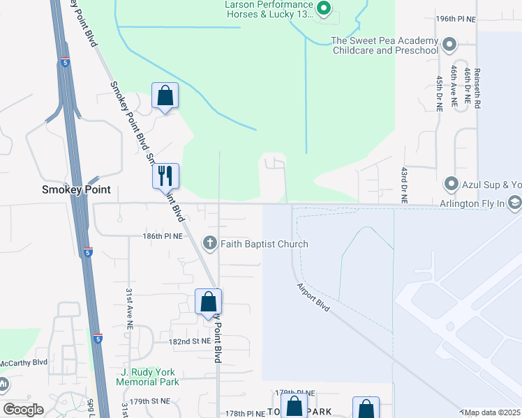 map of restaurants, bars, coffee shops, grocery stores, and more near 3609 187th Place Northeast in Arlington