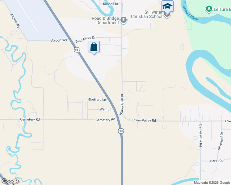 map of restaurants, bars, coffee shops, grocery stores, and more near 2845 U.S. 93 South in Kalispell