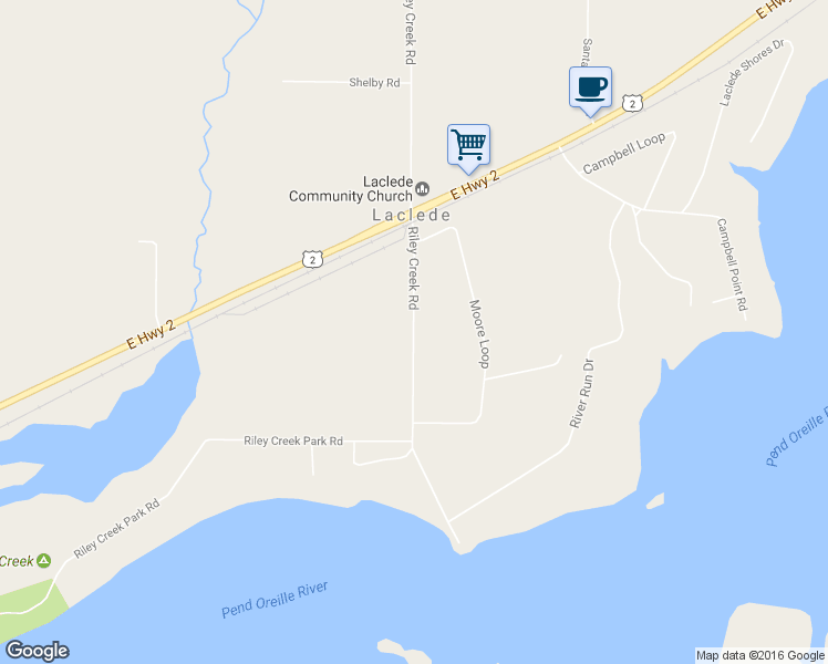 map of restaurants, bars, coffee shops, grocery stores, and more near Riley Creek Road in Bonner County