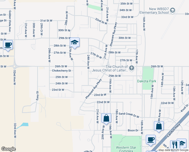 map of restaurants, bars, coffee shops, grocery stores, and more near 2301 25th Street West in Williston