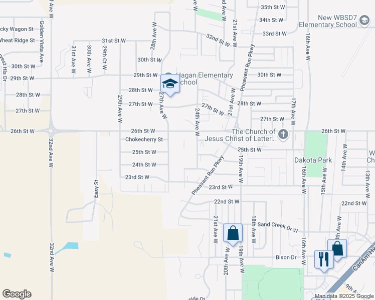 map of restaurants, bars, coffee shops, grocery stores, and more near 2501 26th Street West in Williston