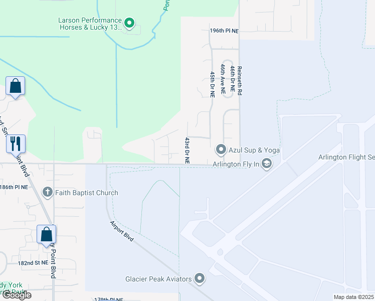 map of restaurants, bars, coffee shops, grocery stores, and more near 18902 43rd Dr NE in Arlington