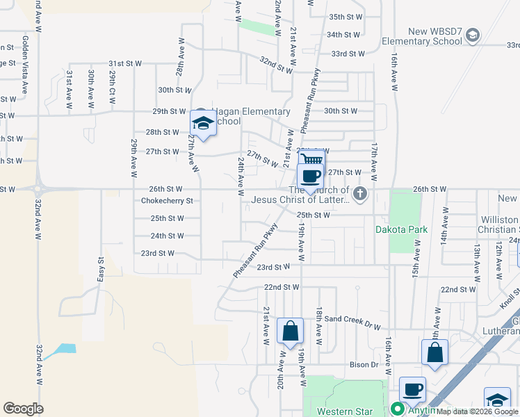 map of restaurants, bars, coffee shops, grocery stores, and more near 2301 25th Street West in Williston