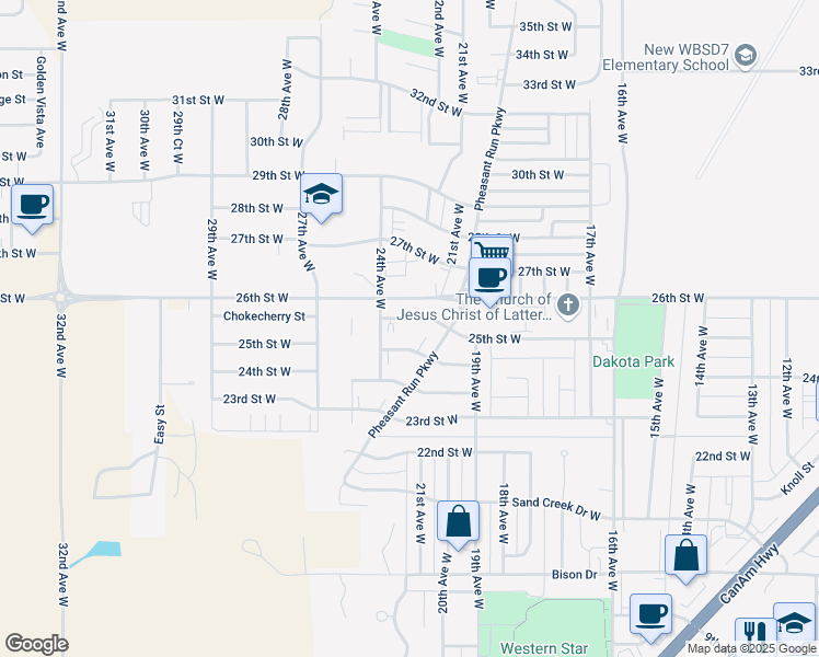map of restaurants, bars, coffee shops, grocery stores, and more near 2301 25th Street West in Williston