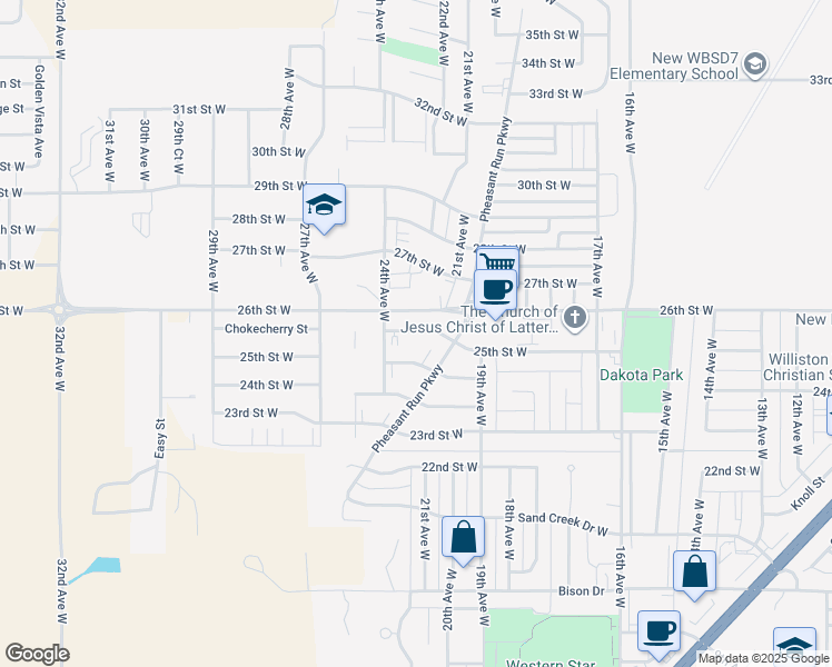 map of restaurants, bars, coffee shops, grocery stores, and more near 2301 25th Street West in Williston