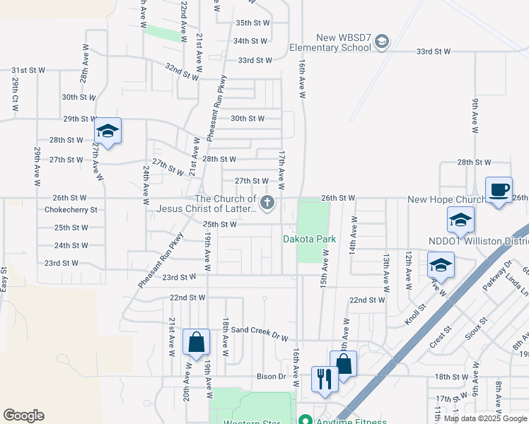map of restaurants, bars, coffee shops, grocery stores, and more near 1805 26th Street West in Williston