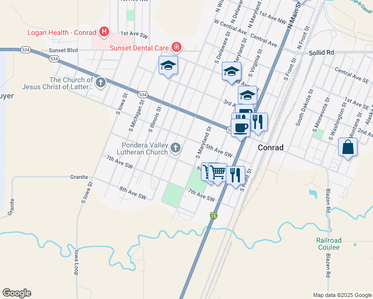 map of restaurants, bars, coffee shops, grocery stores, and more near 509 South Delaware Street in Conrad